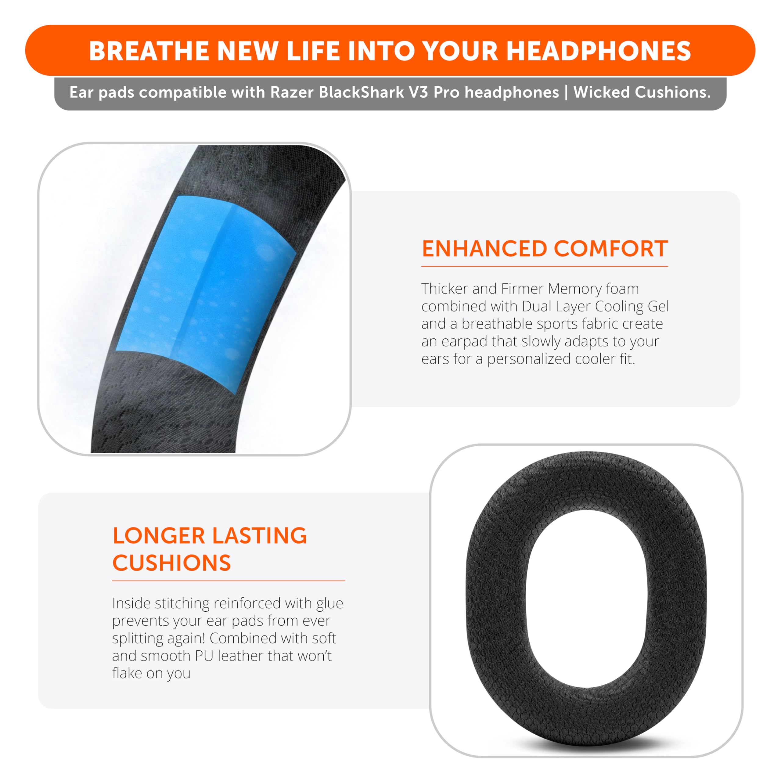 WC Freeze Blackshark V3 Pro – Cooling Gel Earpads Compatible with Razer BlackShark V3 Pro by Wicked Cushions | Enhanced Comfort, Cooling Gel Technology, Extra Thick | Black - Image 4
