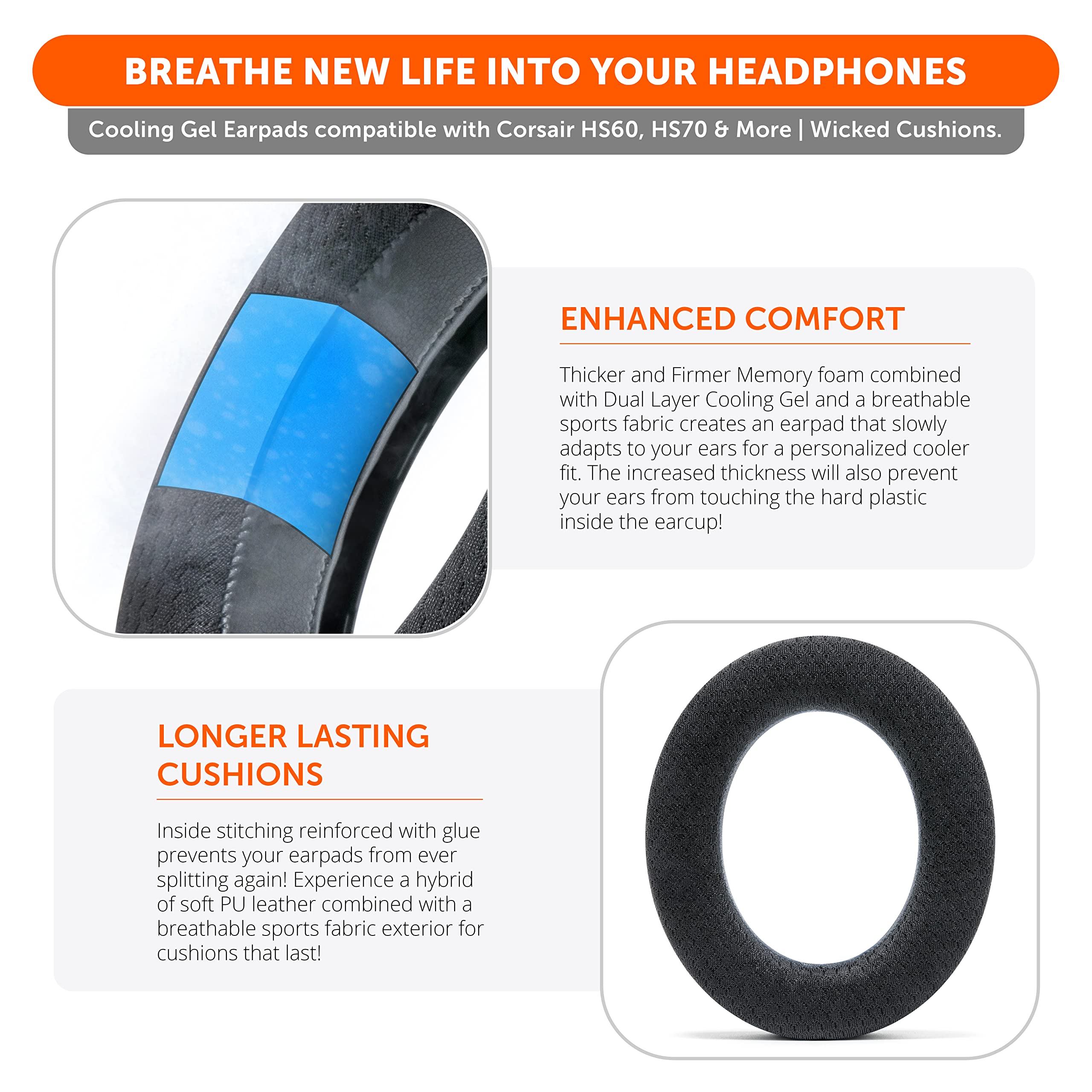 WC Freeze HS60 - Cooling Gel Replacement Earpads for Corsair HS50, HS60, HS70 & More by Wicked Cushions - Boost Comfort, Durability, Thickness & Sound Isolation for Epic Gaming Sessions | Black - Image 4