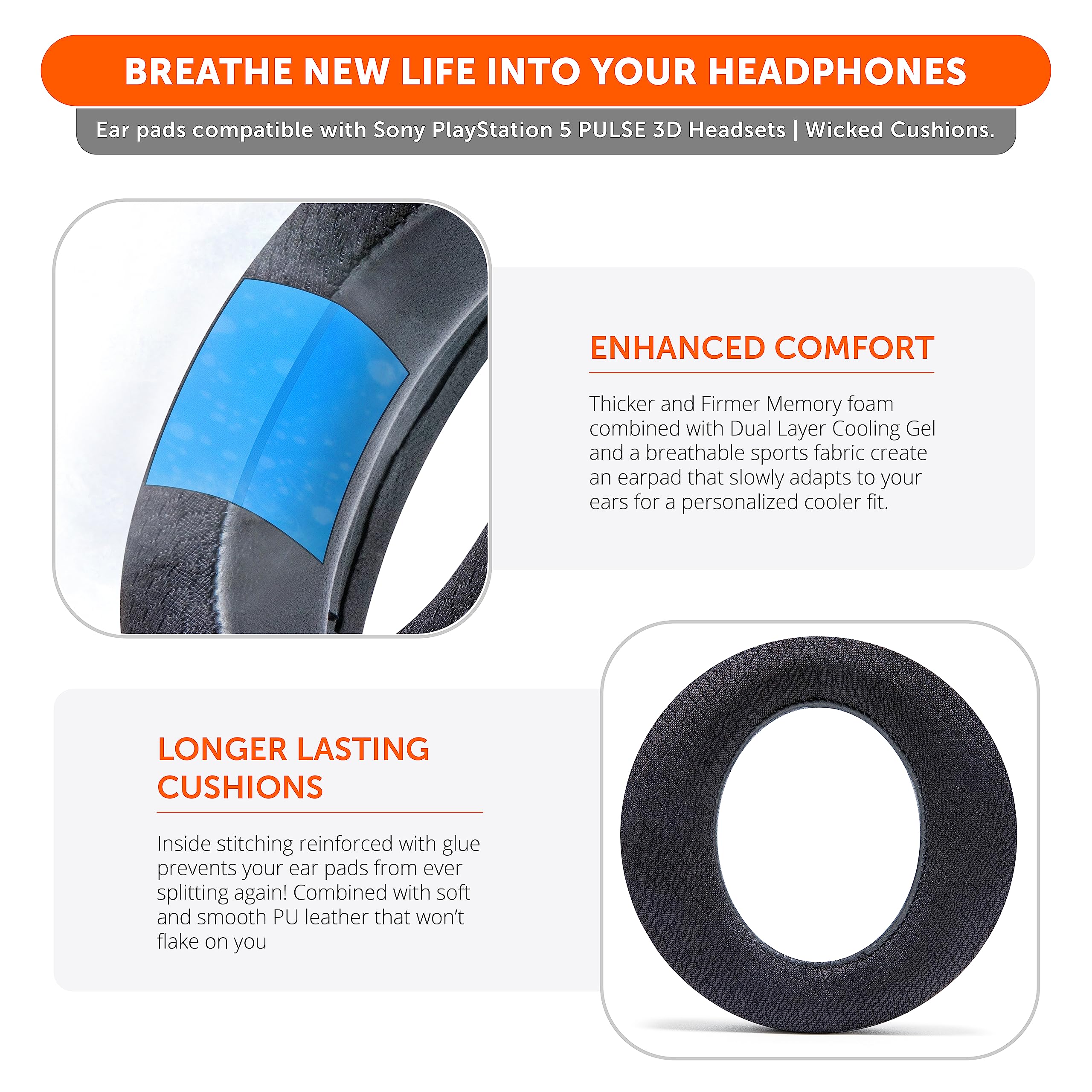 WC Freeze Pulse 3D - Cooling Gel Earpads Compatible with Sony PS5 Pulse 3D, Made by Wicked Cushions | Thicker Cushion & Wider Opening | Black - Image 4