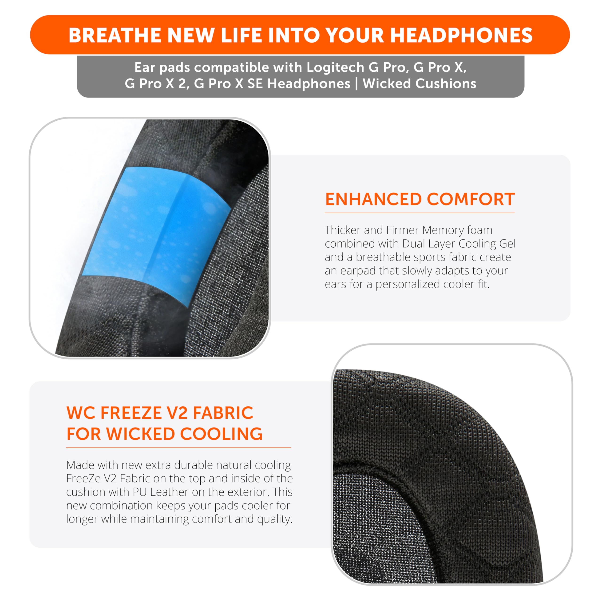 WC Freeze V2 G PRO X – Angled Cooling Gel Earpads Compatible with Logitech G Pro X Series by Wicked Cushions | Angled Pads for Extreme Comfort, New Freeze V2 Cooling Fabric, Extra Thick | Black - Image 4