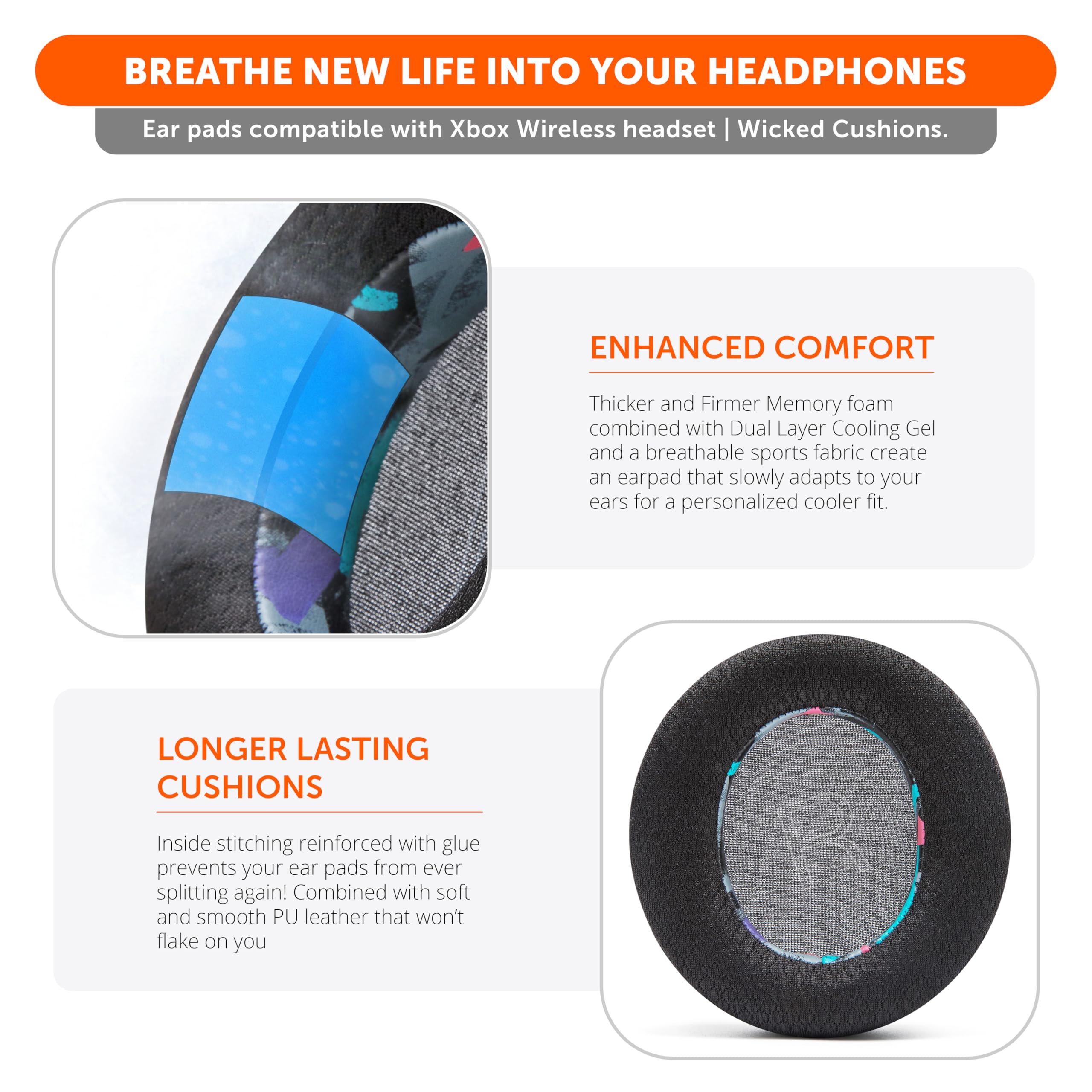 WC Freeze Xbox Wireless - Cooling Gel Earpads for Xbox Wireless Gaming Headset by Wicked Cushions - Boost Comfort, Thickness, & Sound Isolation for Epic Gaming | 90's Black - Image 4