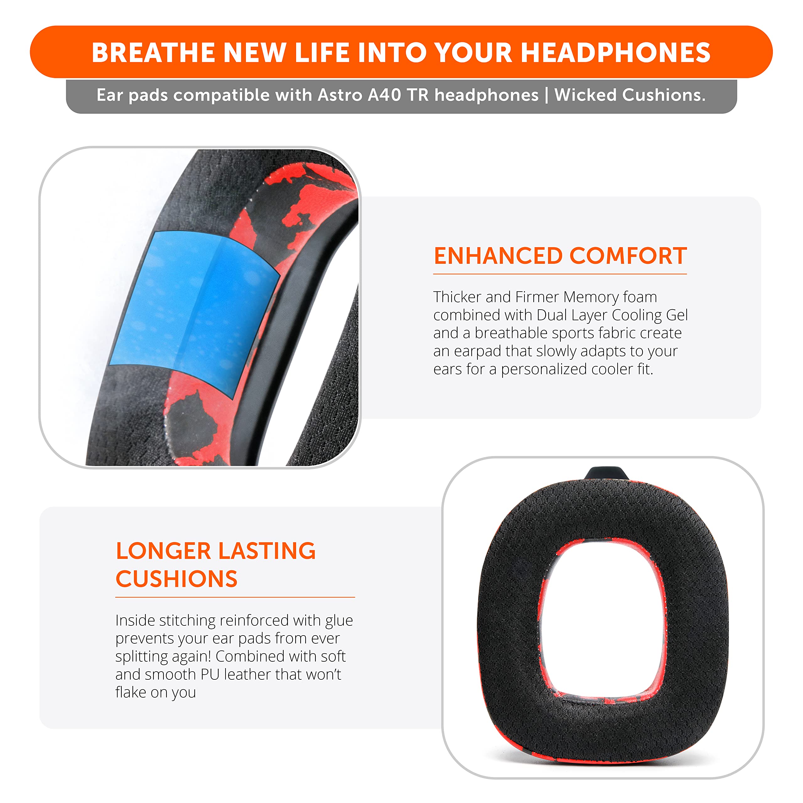 WC Mod Kit A40 – Cooling Gel Earpads + Headband Replacement Compatible with Astro A40 Gen 4 & A40 TR by Wicked Cushions | Enhanced Comfort, Cooling & Durability | Red Camo - Image 4