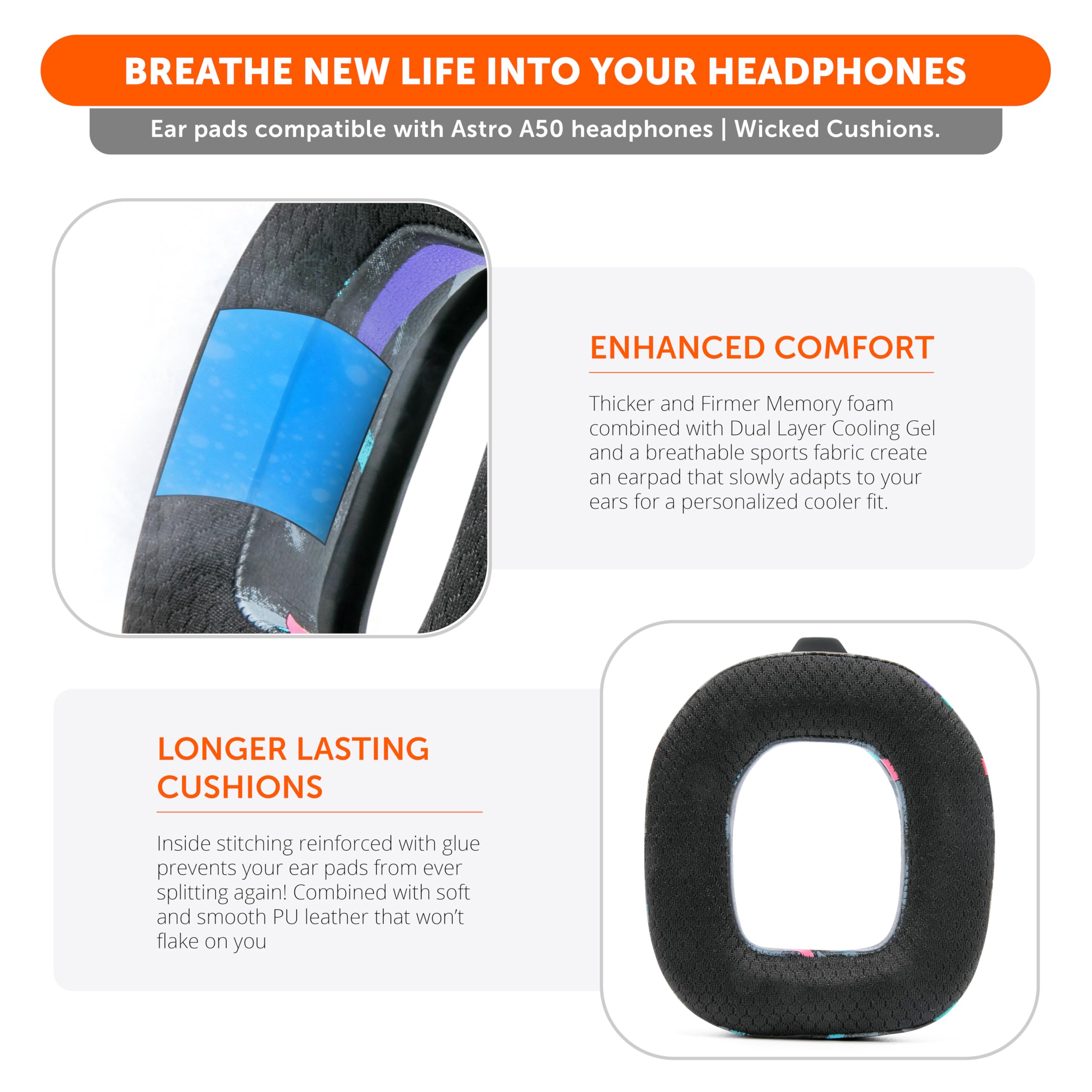 WC Mod Kit A50 - Cooling Gel Earpads + Headband Replacement for Astro A50 Gen 4, Gen 5 & A50X by Wicked Cushions | Enhanced Comfort, Cooling & Durability | 90's Black - Image 4