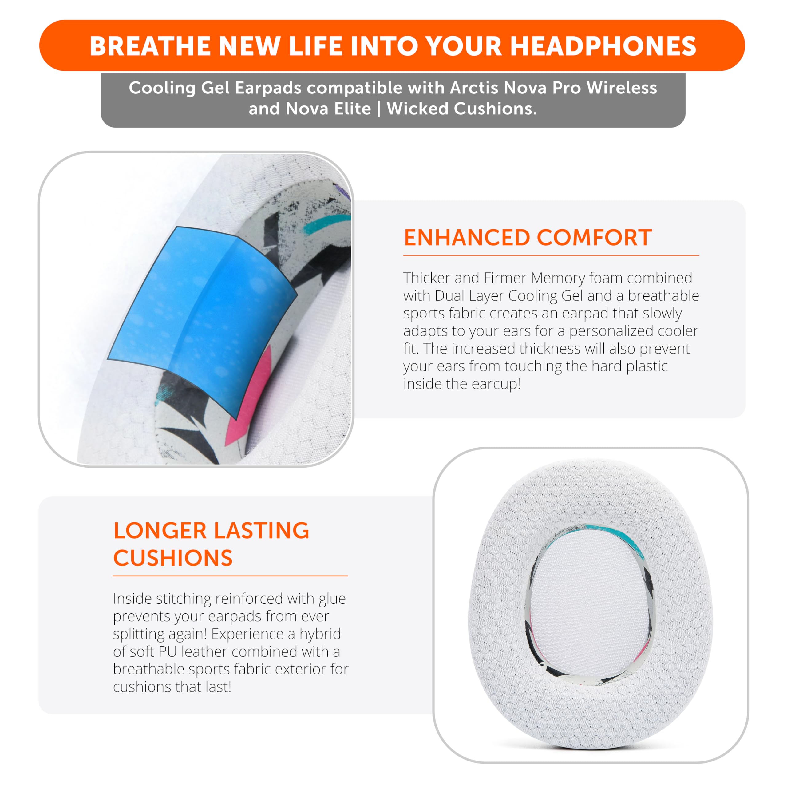 WC Mod Kit Nova Pro Wireless & Nova Elite - Cooling Gel Earpads, Silicone Headband, & Magnetic Plates for SteelSeries Arctis Nova Pro Wireless & Nova Elite by Wicked Cushions | 90's White - Image 4