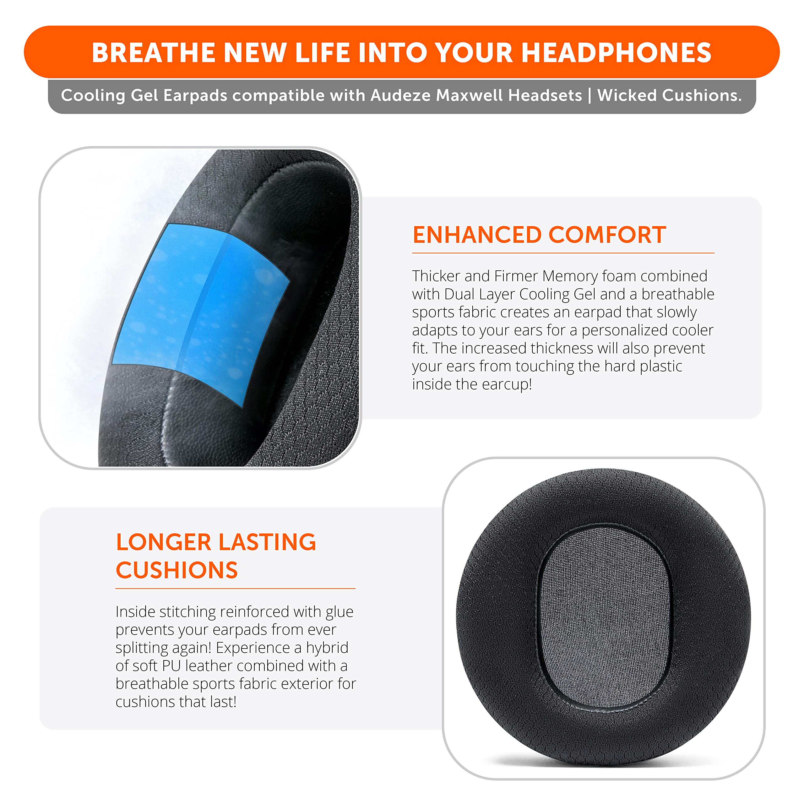 WC Freeze Maxwell - Cooling Gel Replacement Earpads for Audeze Maxwell Headphones by Wicked Cushions - Elevate Comfort, Durability, Thickness & Sound Isolation for Epic Gaming Sessions | Black - Image 4