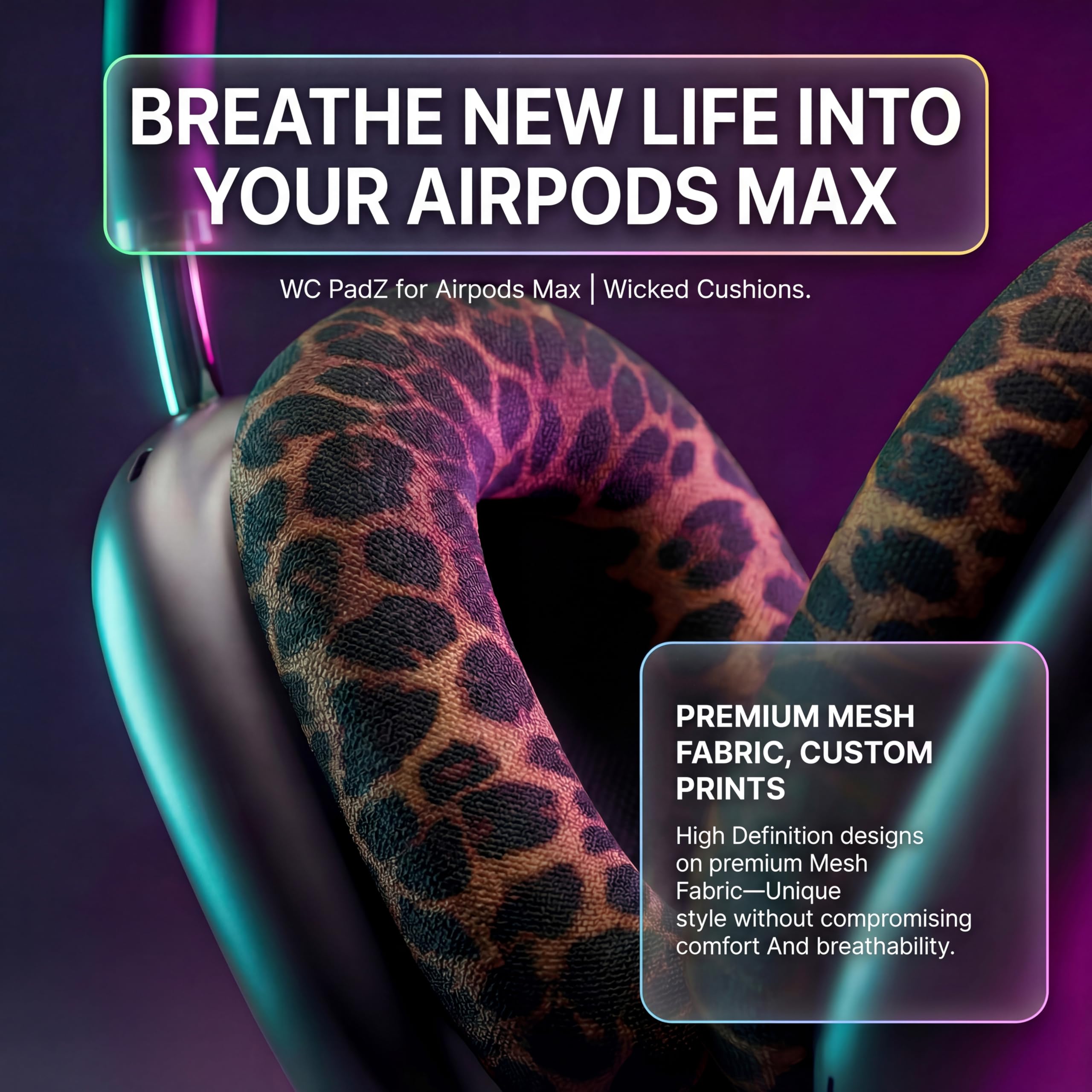 WC PadZ Max – Ear Cushions Compatible with AirPods Max 1 & 2, Made by Wicked Cushions | Soft Fabric, Enhanced Comfort & Unique Style | Leopard - Image 4