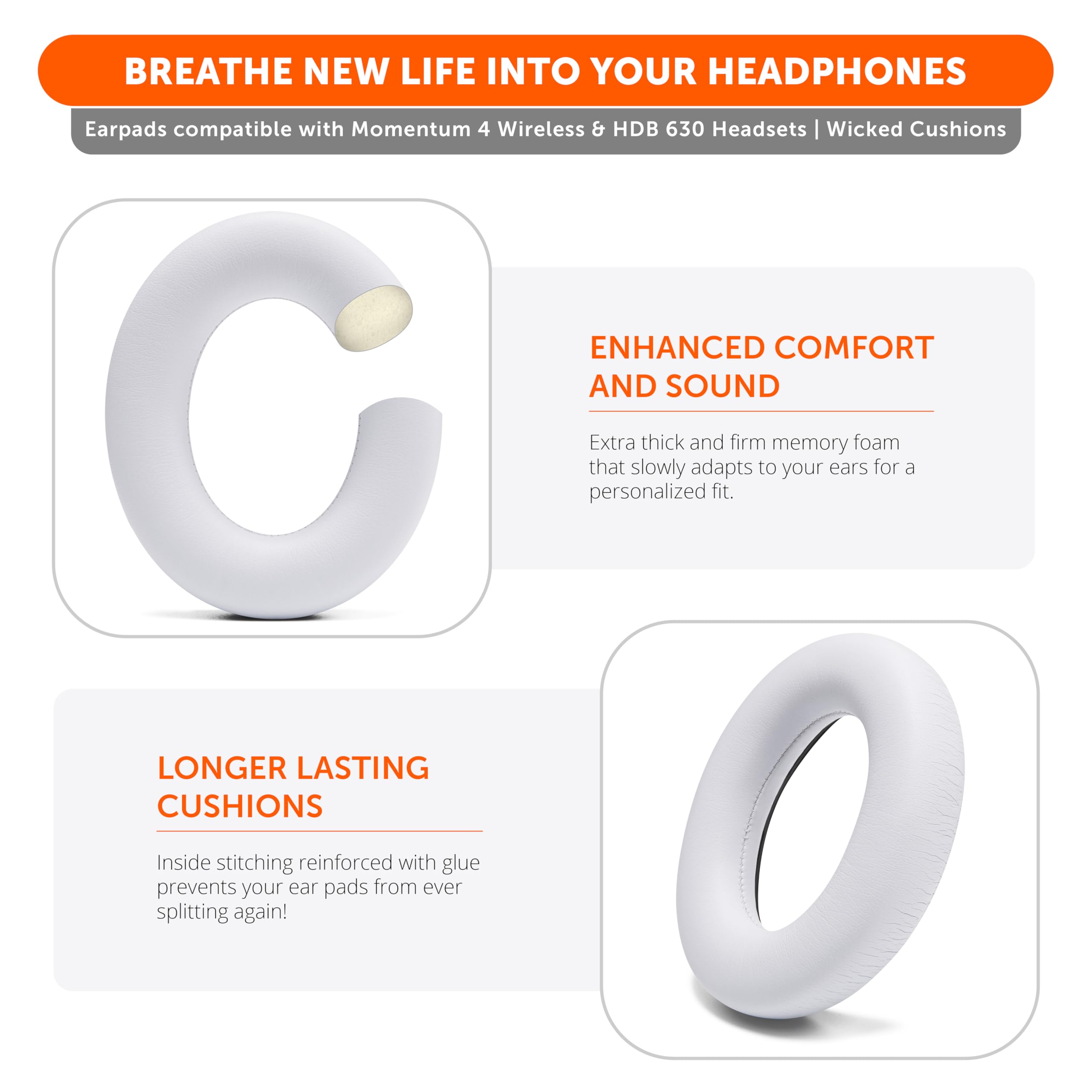 WC PadZ Momentum 4 - Upgraded Replacement Earpads for Sennheiser Momentum 4 & HDB 630 by Wicked Cushions | Enhanced Comfort & Sound Isolation | White - Image 4