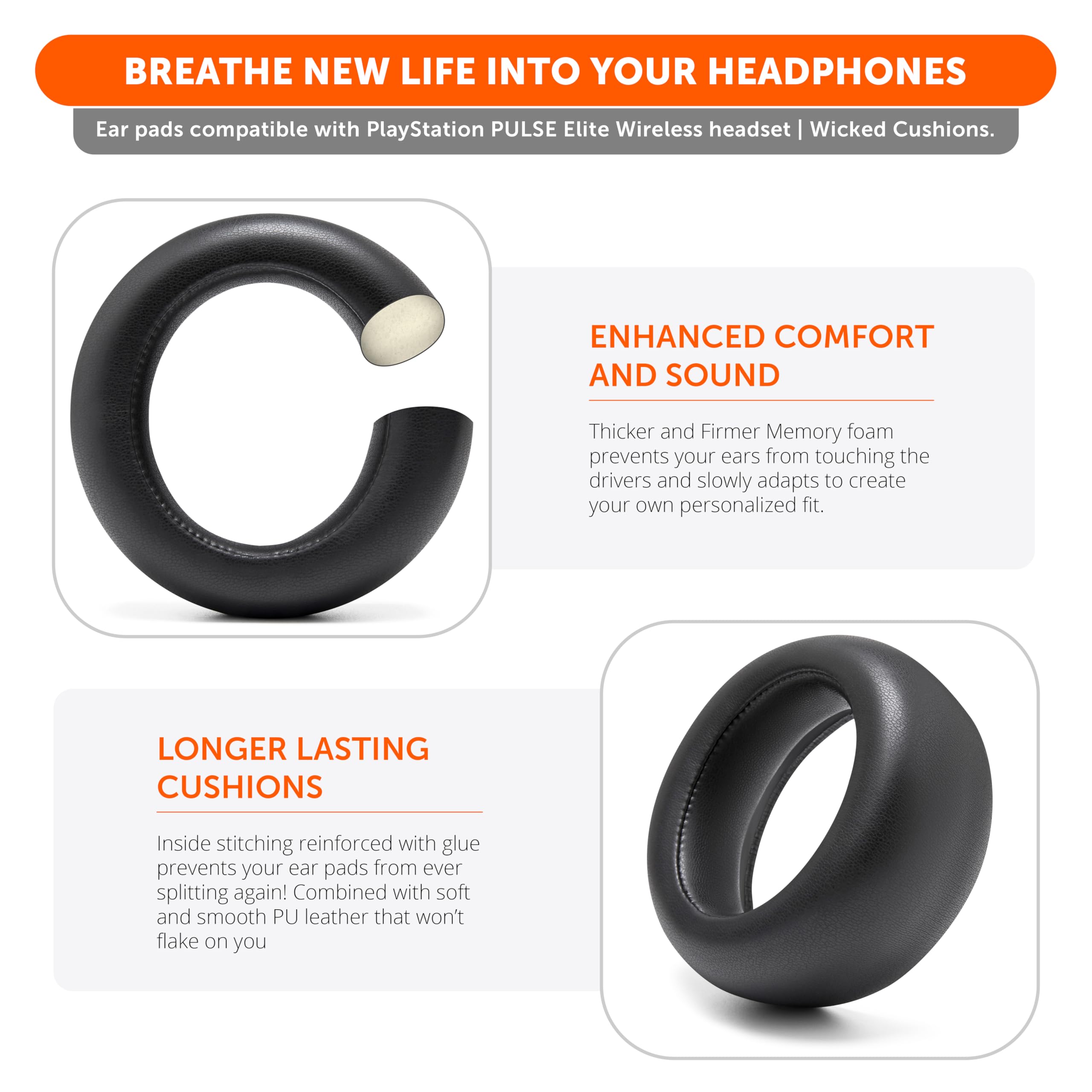 WC PadZ Pulse Elite - Upgraded PU Leather Earpads Compatible with PS5 Pulse Elite by Wicked Cushions | Thicker Cushion & Wider Opening | Black - Image 4