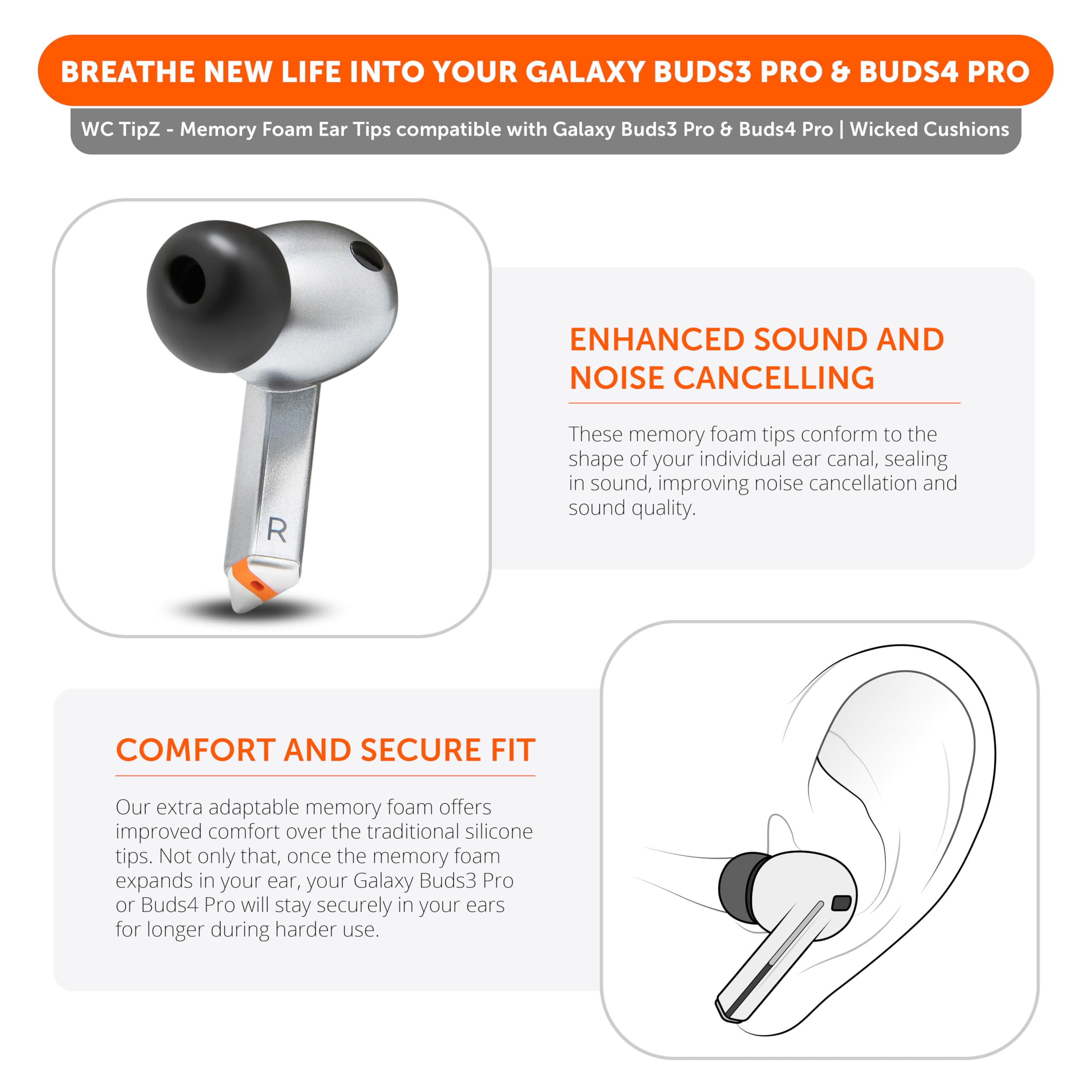 WC TipZ Galaxy – Memory Foam Ear Tips Compatible with Samsung Galaxy Buds Pro 3 & Pro 4 by Wicked Cushions | Improved Comfort, Tighter Seal & Better Foam Rebound Time | Black - Image 3