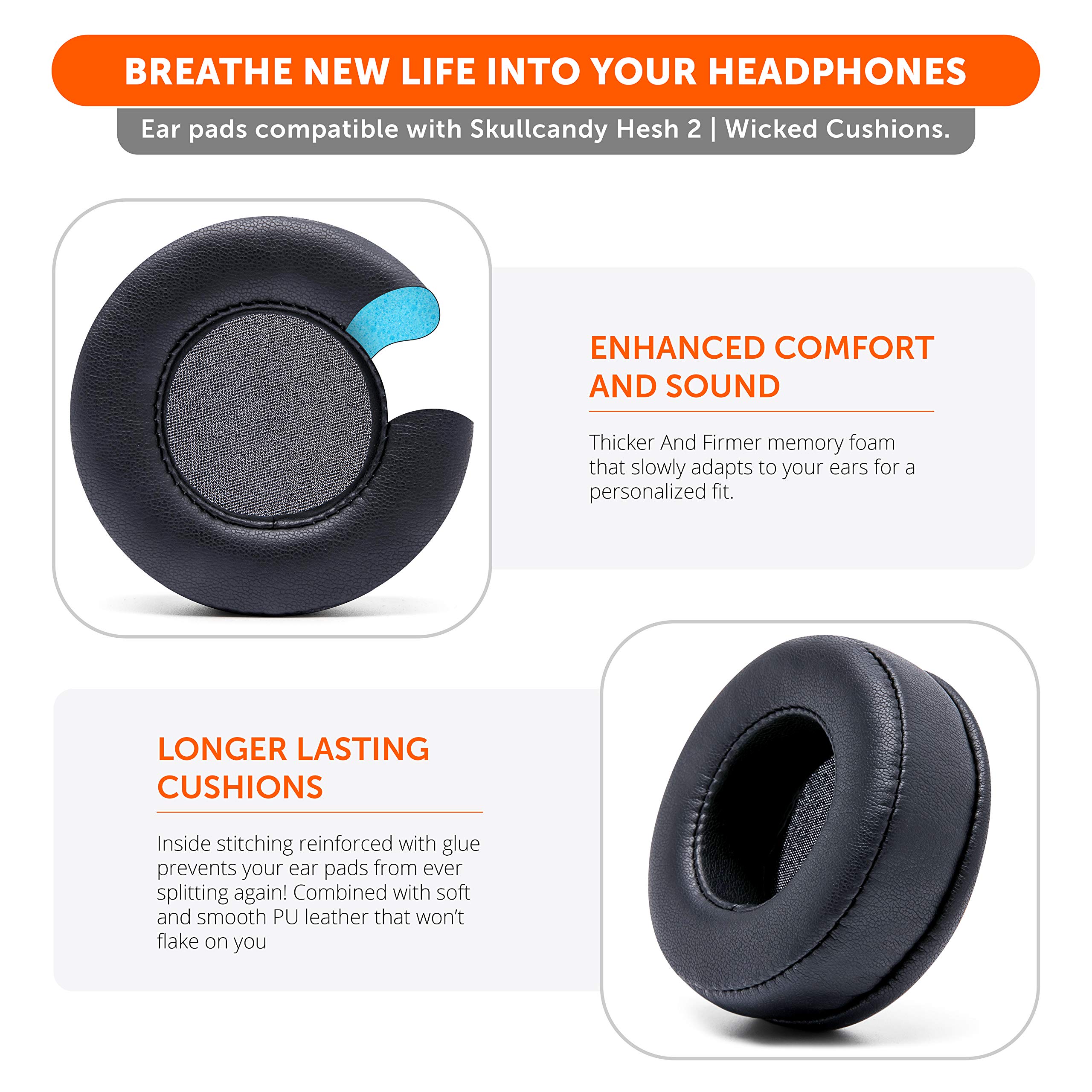WC Wicked Cushions Extra Thick Premium Earpads for Skullcandy Hesh Wired & Hesh 2 Wireless Headphones - Black - Image 3